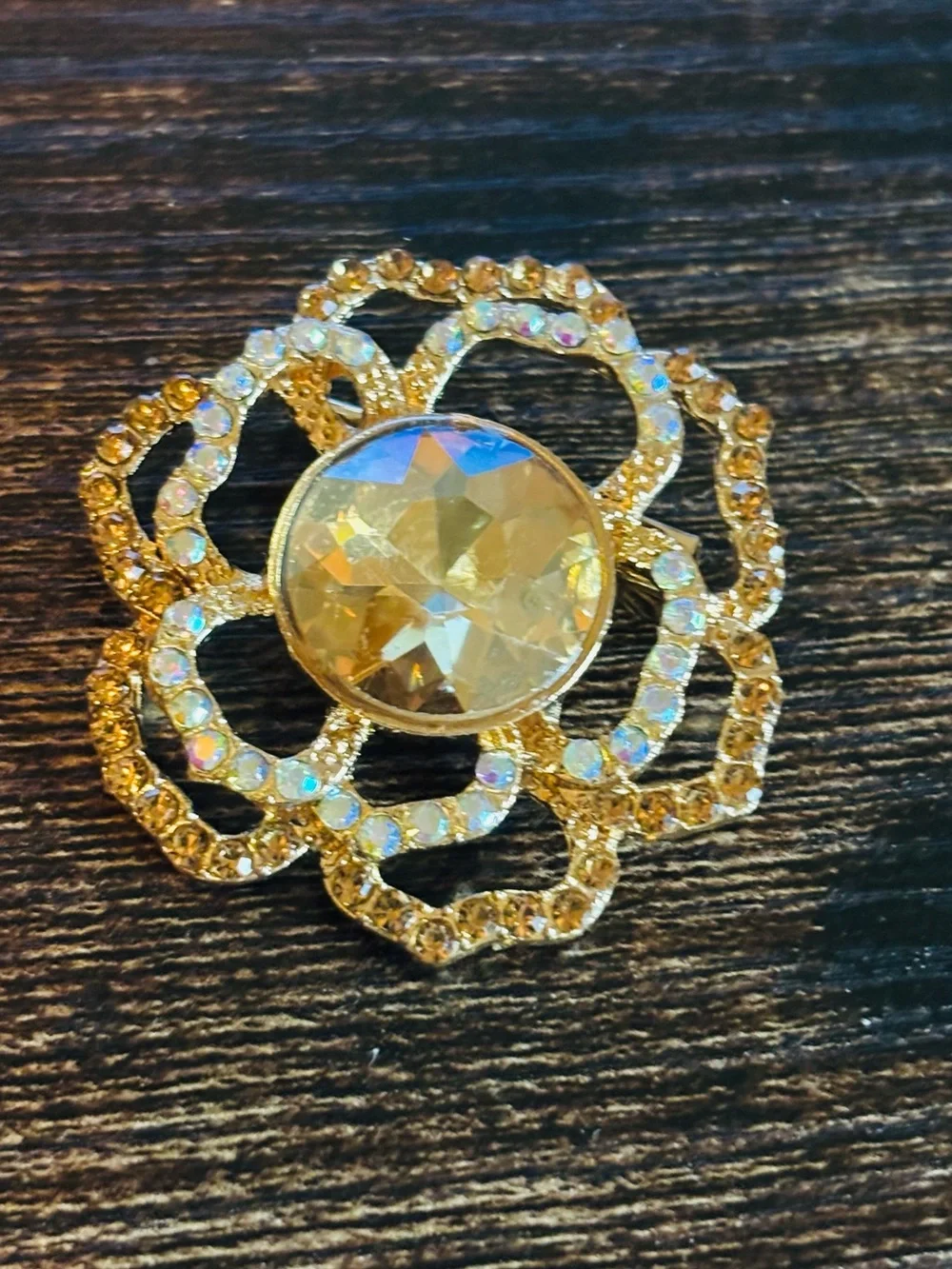 Gold Tone Crystal Rhinestone Flower Brooch Pin - Sparkling Gold Floral Jewelry